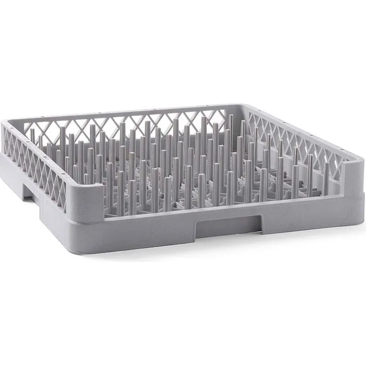 HENDI Spülkorb, Spülmaschinenkorb, Geschirrspülkorb, für Teller und Tabletts, mit geformten Stiften, Polypropylen, 500x500x(H)100mm, grau