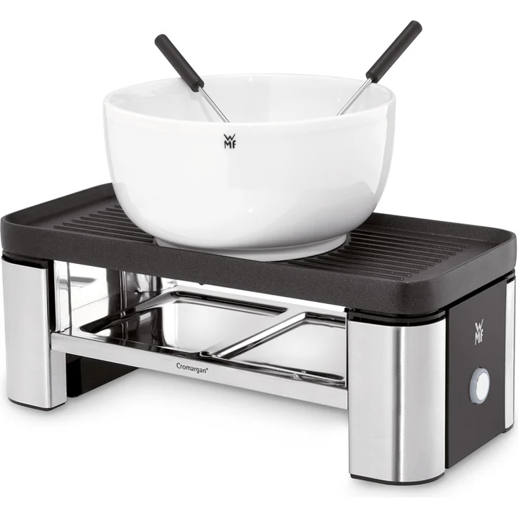 WMF Küchenminis Raclette 2 Personen, Grill, 3 Pfännchen, Schieber und Keramikschüssel für Schokoladenfondue, 370 W, edelstahl matt  – Bild 1