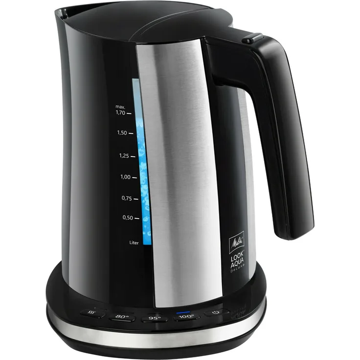 Melitta II Wasserkocher Look Aqua Deluxe 1026-04 BK SST (1,7 Liter, 2400Watt) mit Temperatureinstellung (80 °C, 95°C, 100°C) und Warmhaltefunktion, Kunststoff, 1.7 liters