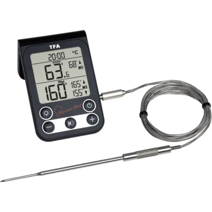 TFA Dostmann Küchen-Chef Digitales Grillthermometer-Bratenthermometer, Kontrolle der Kerntemperatur und Garraumtemperatur, mit Knickschutz und Alarmton