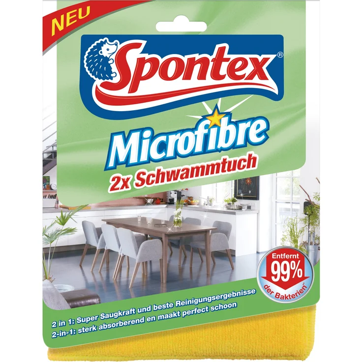 Spontex Microfibre Schwammtuch, Mikrofaser-Schwammtücher, super saugfähig, antibakteriell und langlebig, 1 x 2 Stück