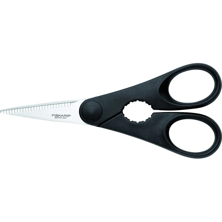 Fiskars Küchenschere mit Flaschenöffner, Länge: 20 cm, Qualitätsstahl-Kunststoff, Essential, 1023820