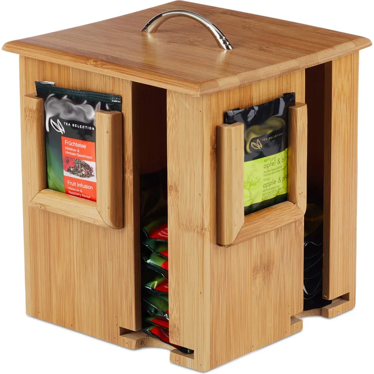 Relaxdays Teebox, drehbare Teekiste, m. abnehmbarem Deckel, 4 Fächer für ca. 160 Teebeutel, HBT 20,5 x 18 x 18 cm, natur