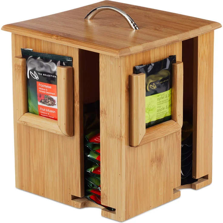 Relaxdays Teebox, drehbare Teekiste, m. abnehmbarem Deckel, 4 Fächer für ca. 160 Teebeutel, HBT 20,5 x 18 x 18 cm, natur