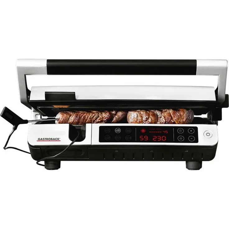 Gastroback 42539 Design BBQ Advanced Control Grill, Kontaktgrill, Tischgrill, BBQ-Grill, Indoor-Grill, Grillthermometer, 2000W, 6 Grillprogramme, Grillplatten spülmaschinengeeignet, 34 x 24 cm Grillfläche, weiß, schwarz