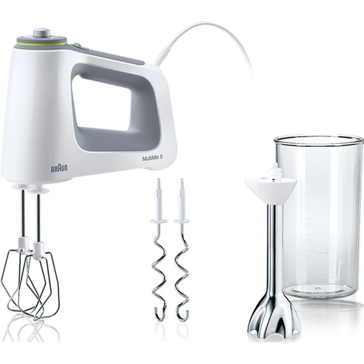 Braun MultiMix 5 Handmixer HM 5107 (750 Watt Handrührgerät, stufenlose Geschwindigkeitsregelung, inkl. Schneebesen, Knethaken, PowerBell Mixfuß und 600ml Mix- und Messbescher) weiß-grau – Bild 1