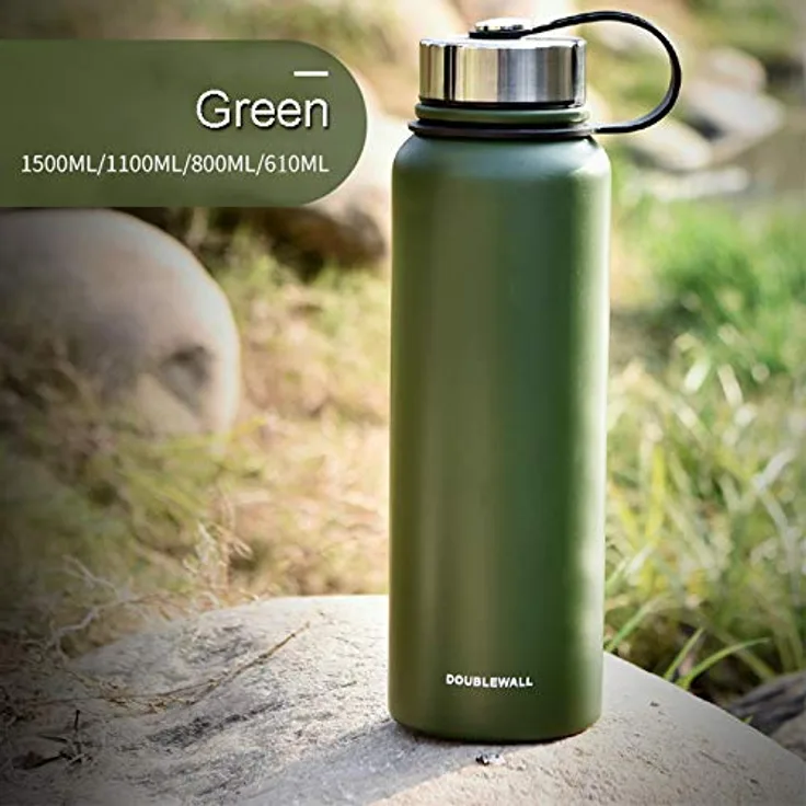 MIGHTYDUTY 610-800-1100-1500ML Thermosflasche, vakuumisolierte Wasserflasche Edelstahlflasche, tragbar, 6-24 Stunden, warm und kühlend, Sport-Wasserbecher für Laufen, Yoga, Fitness (Grün 1500ML)