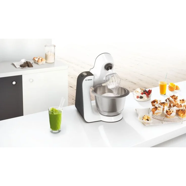 Bosch MUM50123 StartLine Küchenmaschine, 800W, 3,9L Edelstahlschüssel, 4 Geschwindigkeiten, inkl. Patisserie-Set, Standmixeraufsatz, Zitruspressenaufsatz, grau, Serie: MUM5 – Bild 5