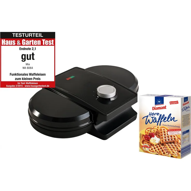MIA ProKitchen Doppel Waffeleisen, Waffelautoma, für 2 klassische Herzchen Waffeln à 15 cm, 1300W, stufenlos wählbarer Bräunungsgrad, schwarz