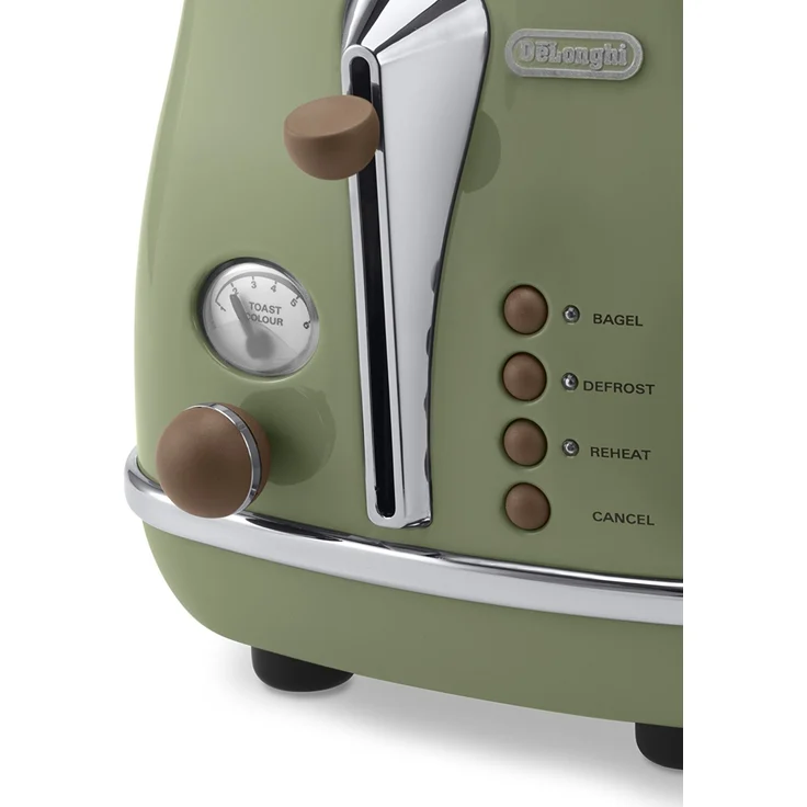 De'Longhi Toaster Icona Vintage CTOV2103.GR - 2-Schlitz-Toaster mit Brötchenaufsatz, Edelstahl in elegantem Retro Look mit Chrom-Details, grün  – Bild 3