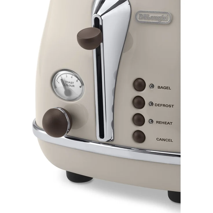 De'Longhi Icona Vintage CTOV2103.BG 2-Schlitz-Toaster, 900 Watt, mit Brötchenaufsatz, Edelstahl in elegantem Retro Look mit Chrom-Details, creme – Bild 3