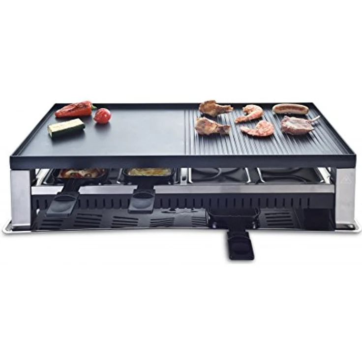 Solis Table Grill 5in1 - Raclette, Grill, Wok, Pizza-Grill, Crêpes, für 8 Personen (Raclettepfännchen, Mini-Wok, Spachtel), 1400W, Grillfläche Antihaftbeschichtet, edelstahl, schwarz – Bild 2