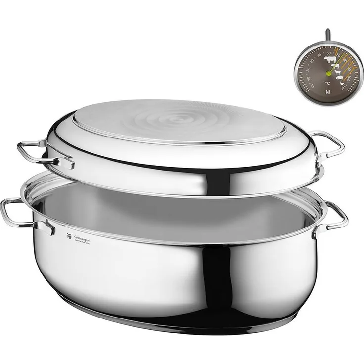 WMF Bräter Induktion 41x28,5x18 cm mit Bratenthermometer, Schmortopf 8,5l mit Induktions-Deckel, Cromargan Edelstahl, backofenfest