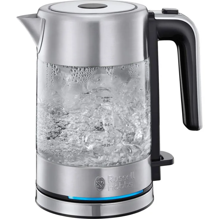 Russell Hobbs Mini-Glas-Wasserkocher Compact, 0,8l, 2200W, LED Beleuchtung, Kalkfilter, optimierte Ausgusstülle, platzsparend, kleiner Reisewasserkocher, kompakter Teekocher 24191-70