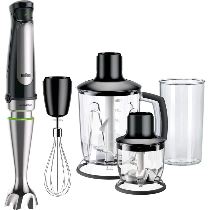 Braun Multiquick 7 MQ 7045X Stabmixer (1000 Watt, mit ActiveBlade-Technologie, Pürierstab, Schneebesen, Zerkleinerer & Standmixer, inkl. 4-teiligem Zubehör-Set) schwarz-edelstahl – Bild 1