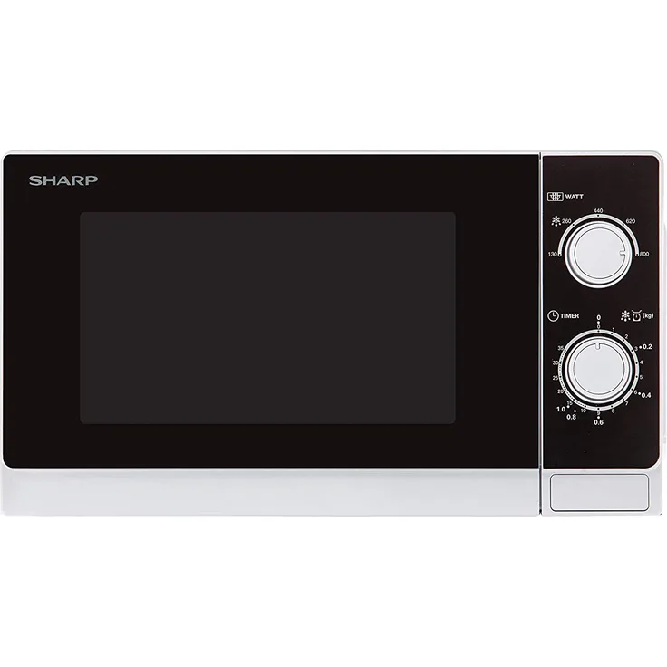 Sharp R200WW Mikrowelle, Standgerät, 20 Liter Garraum, 800 Watt, 5 Leistungsstufen, Timer von 35 Minuten bis 00 Sekunden, gewichtgesteuertes Auftauen, Energiesparmodus, Glasdrehteller 25,5 cm, weiß
