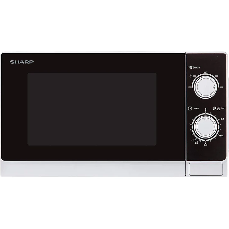 Sharp R200WW Mikrowelle, Standgerät, 20 Liter Garraum, 800 Watt, 5 Leistungsstufen, Timer von 35 Minuten bis 00 Sekunden, gewichtgesteuertes Auftauen, Energiesparmodus, Glasdrehteller 25,5 cm, weiß – Bild 1