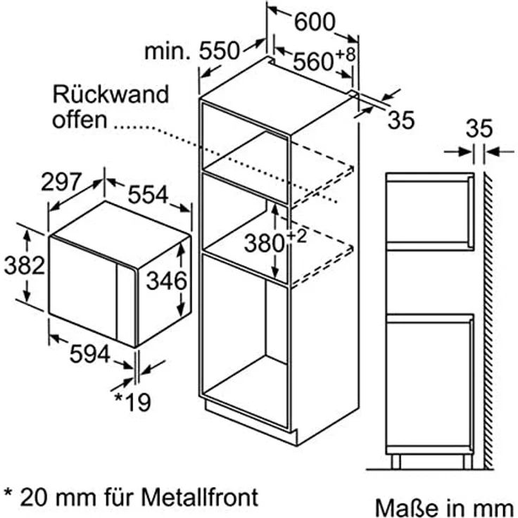 Bosch BFL524MS0 Serie 6 Mikrowelle, Einbaugerät, 800 Watt, 20 Liter Garraum, Drehteller 25,5 cm, Türanschlag Links, 7 voreingestellte Automatikprogramme, Elektronische Türöffnung, edelstahl – Bild 2