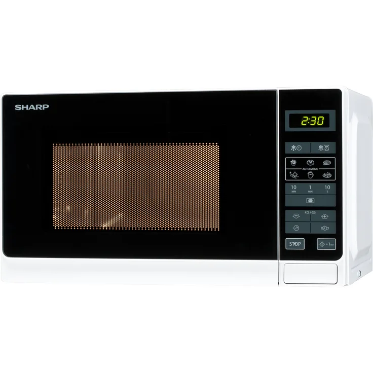 Sharp R242WW Mikrowelle, Standgerät, 20 Liter Garraum, 800 Watt, 5 Leistungsstufen, 8 Automatikprogramme, Kindersicherung, Energiesparmodus, Glasdrehteller 25,5 cm, weiß