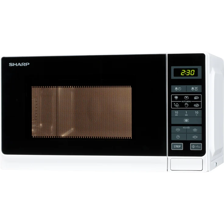 Sharp R242WW Mikrowelle, Standgerät, 20 Liter Garraum, 800 Watt, 5 Leistungsstufen, 8 Automatikprogramme, Kindersicherung, Energiesparmodus, Glasdrehteller 25,5 cm, weiß – Bild 1
