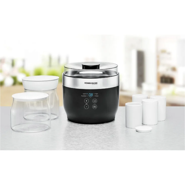Rommelsbacher JG80 Jona Joghurt- und Frischkäsezubereiter inklusive 4 Keramik Portionsbecher à 125 ml mit Deckel, 2 XXL Glasbehälter à 1,2 Liter mit Deckel, Abtropfsieb mit Deckel, schwarz, edelstahl – Bild 3