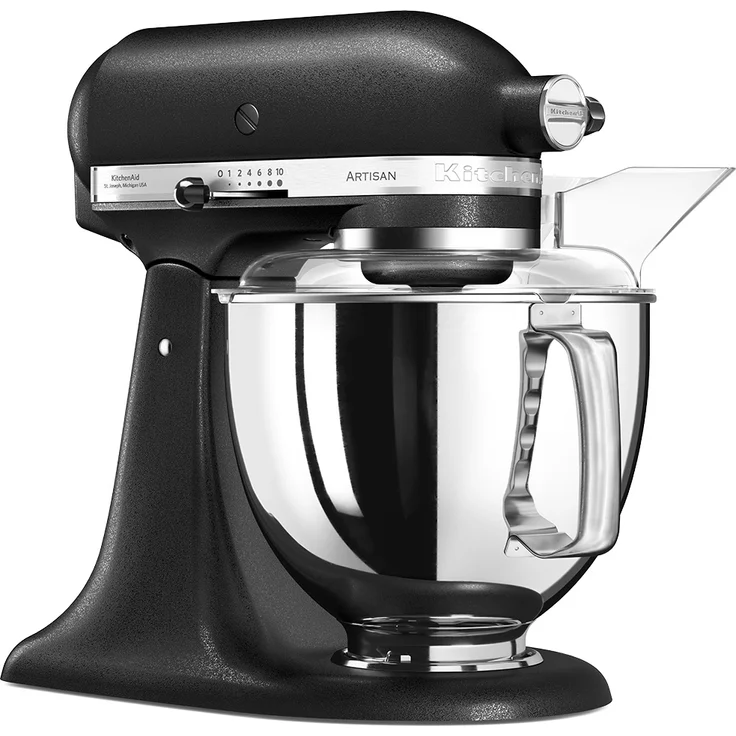 KitchenAid Artisan 5KSM175PSEBK Küchenmaschine mit Direktantrieb 300W, 4,8 L Edelstahlschüssel, inkl. 3 L polierte Schüssel, Spritzschutz, 10 Geschwindigkeiten, Gusseisen schwarz, Serie: 5KSM175PS – Bild 2