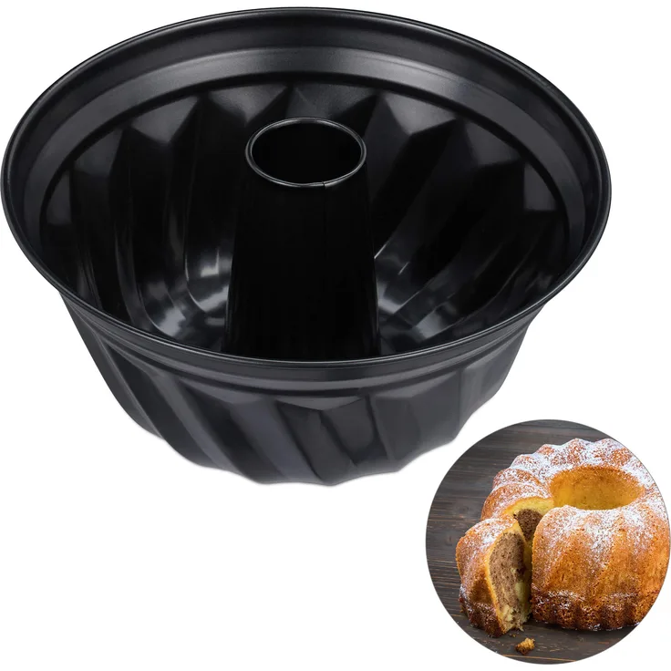 Relaxdays Gugelhupfform, Marmor- & Rührkuchen, antihaftbeschichtet, Ø 25 cm, Carbonstahl, runde Napfkuchenform, schwarz