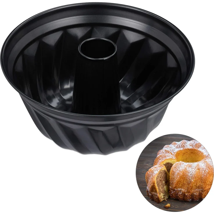 Relaxdays Gugelhupfform, Marmor- & Rührkuchen, antihaftbeschichtet, Ø 25 cm, Carbonstahl, runde Napfkuchenform, schwarz – Bild 1