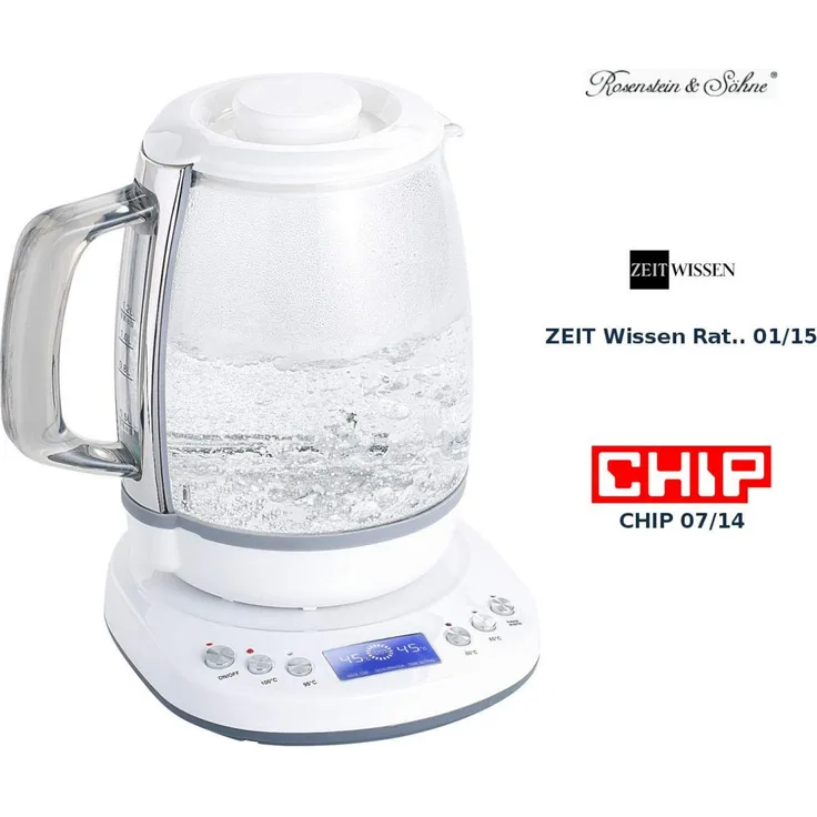 Rosenstein & Söhne NC3763-944 Glas-Wasserkocher, 1200W, 1,2 L, Warmhaltefunktion, 4 Temperaturen, weiß, transparent