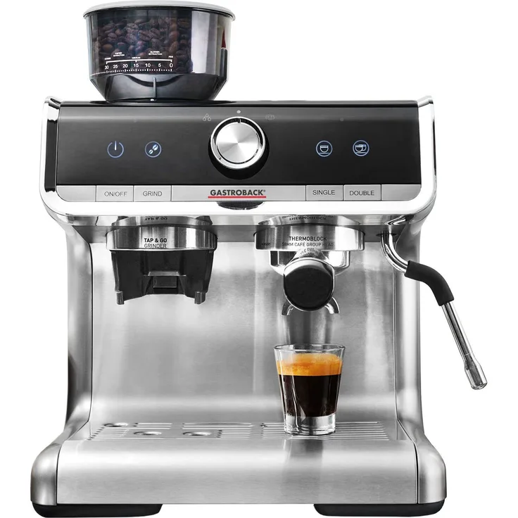 Gastroback Design Espresso Barista Pro Espressomaschine mit integriertem Mahlwerk, schwarz + Edelstahl