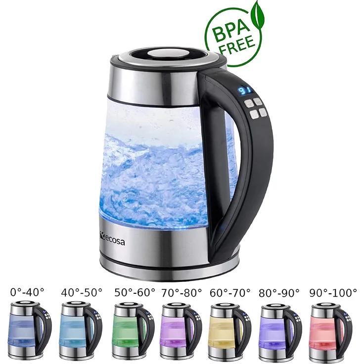 Ecosa Glas Wasserkocher 1,7 Liter | 2200 Watt | Edelstahl mit Temperaturwahl | Teekocher | BPA FREI | Warmhaltefunktion | LED Beleuchtung im Farbwechsel | Temperatureinstellung (40°C-100°C)