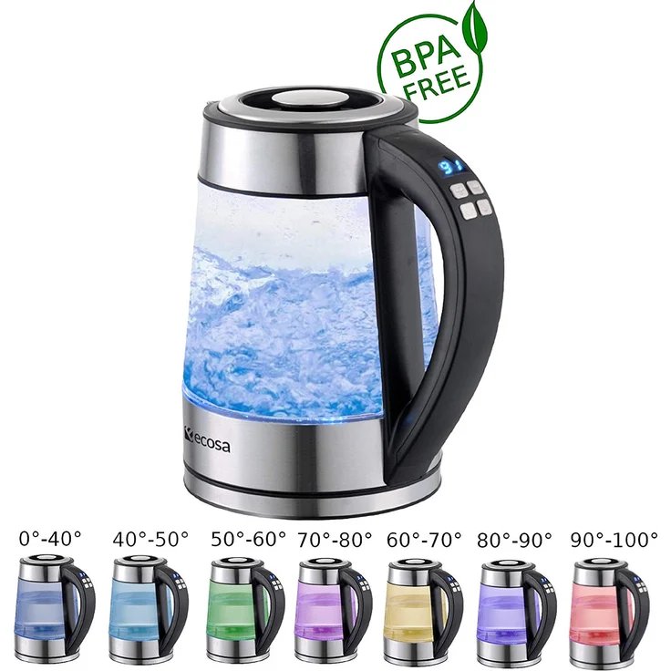 Ecosa Glas Wasserkocher 1,7 Liter | 2200 Watt | Edelstahl mit Temperaturwahl | Teekocher | BPA FREI | Warmhaltefunktion | LED Beleuchtung im Farbwechsel | Temperatureinstellung (40°C-100°C) – Bild 1