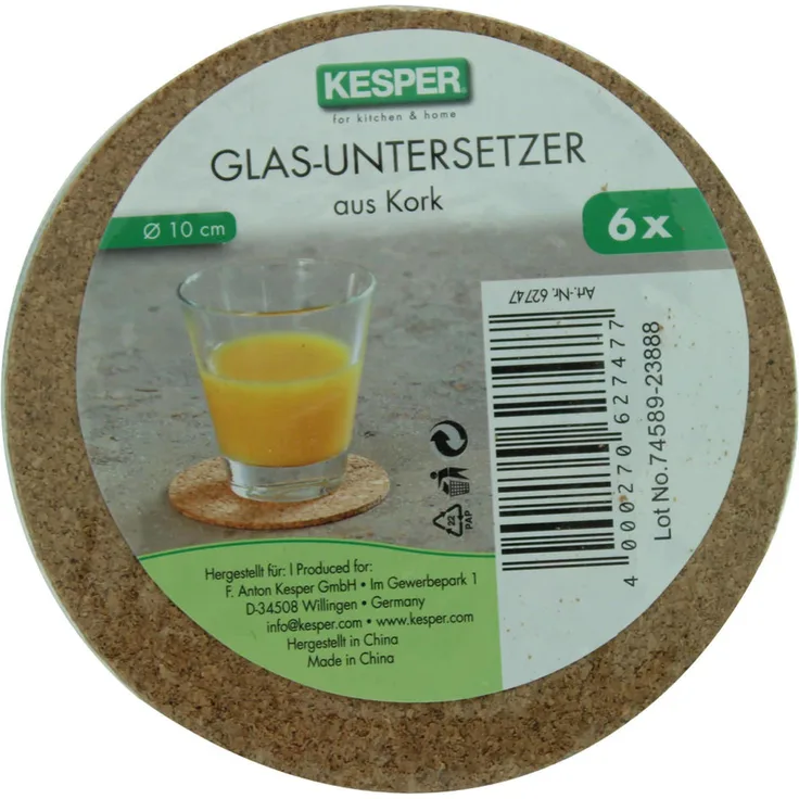 Kesper Glas- Untersetzer Kork 10cm 6 Stück