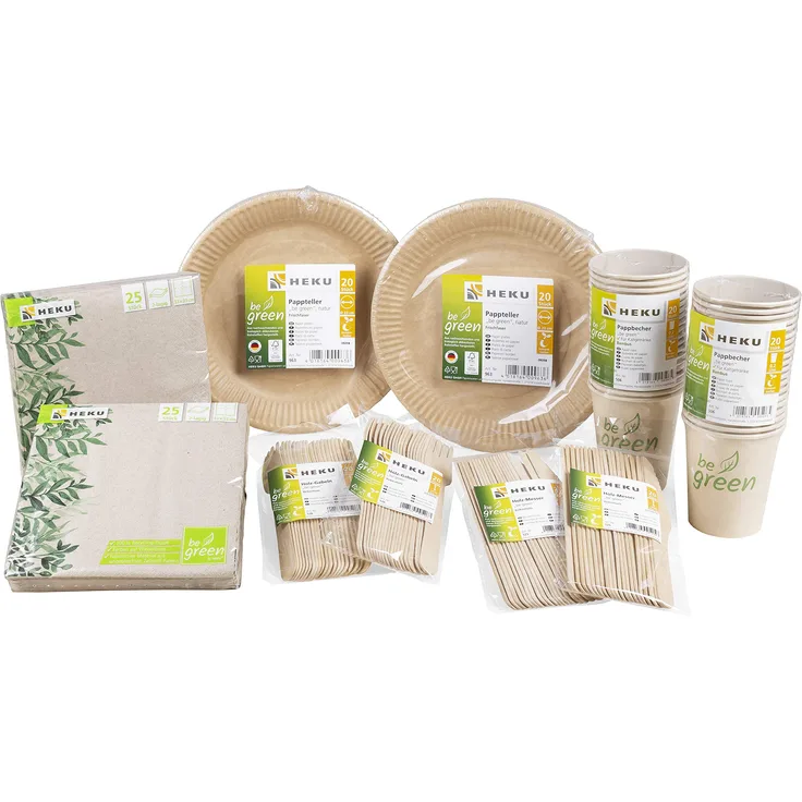 Heku 30011-02: Bio-Einweg-Set be Green mit Tellern, Messer, Gabeln, Servietten und Pappbechern, 210-teilig,