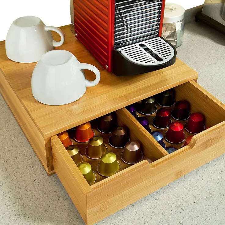 Bakaji Kapselspender Kapselständer Kapselhalter Behälter Kapseln Kapsel Kaffeepads Support Dolce Gusto Nespresso Lavazza Tassimo Tee Organiser mit Schublade aus Bambusholz 31 x 30,5 x 9,5 cm
