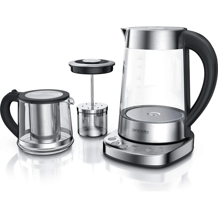 Arendo Glas Wasserkocher mit Temperatureinstellung und Teesieb sowie Aufsatz - Türkischer Teekocher - Edelstahl - Temperaturen 70, 80, 100 Grad - 1,7 Liter - 2400 Watt - Abschaltautomatik – Bild 1
