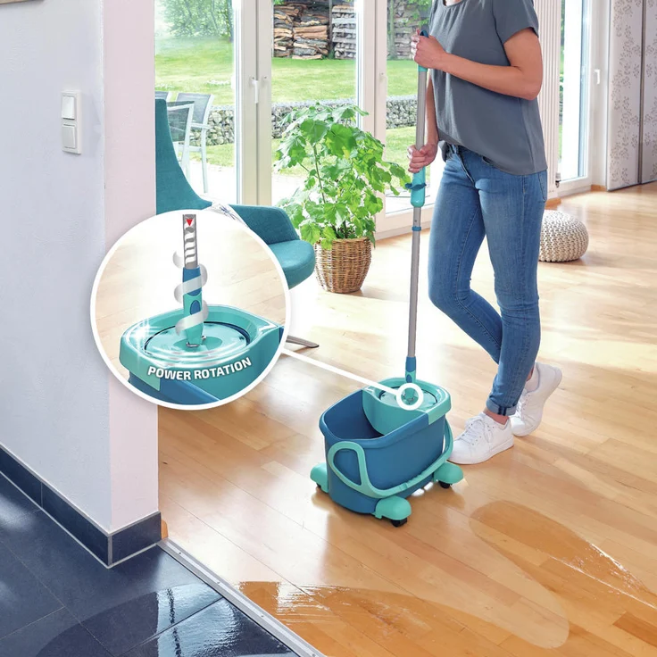Leifheit Set Clean Twist Disc Mop Ergo 2.0 Wischmop-Set mit Rollwagen, Mikrofaser Wischbezug, für Fliesen & Laminat, mit Click-System & Schleudertechnologie (52102) – Bild 3