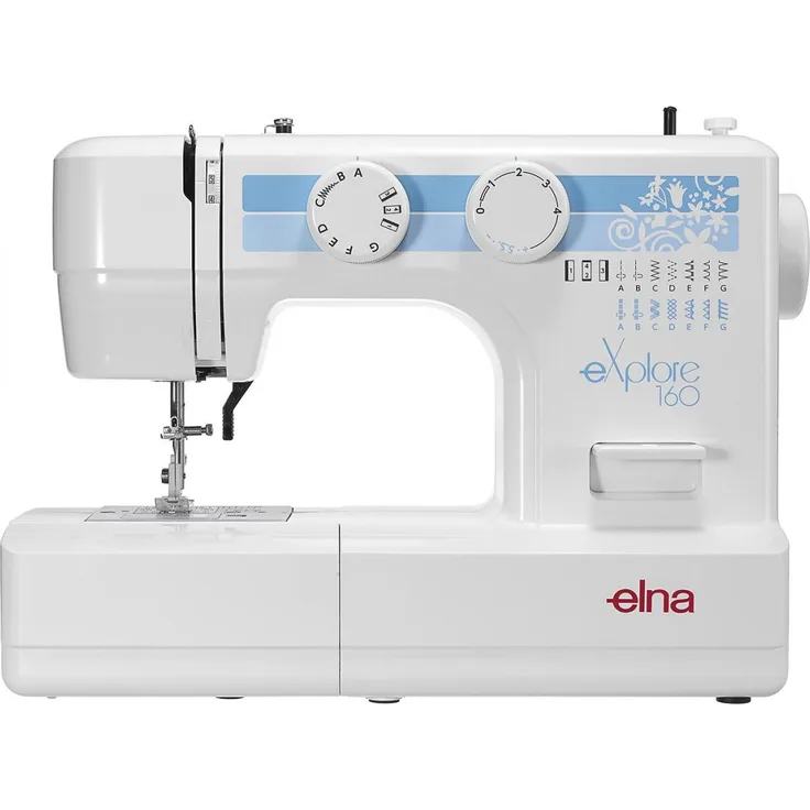 Elna eXplore 160 Freiarm-Nähmaschine 12 Nähprogramme Fadenscheider Fußanlasser Nählicht Freiarm-Nähmaschine, weiß