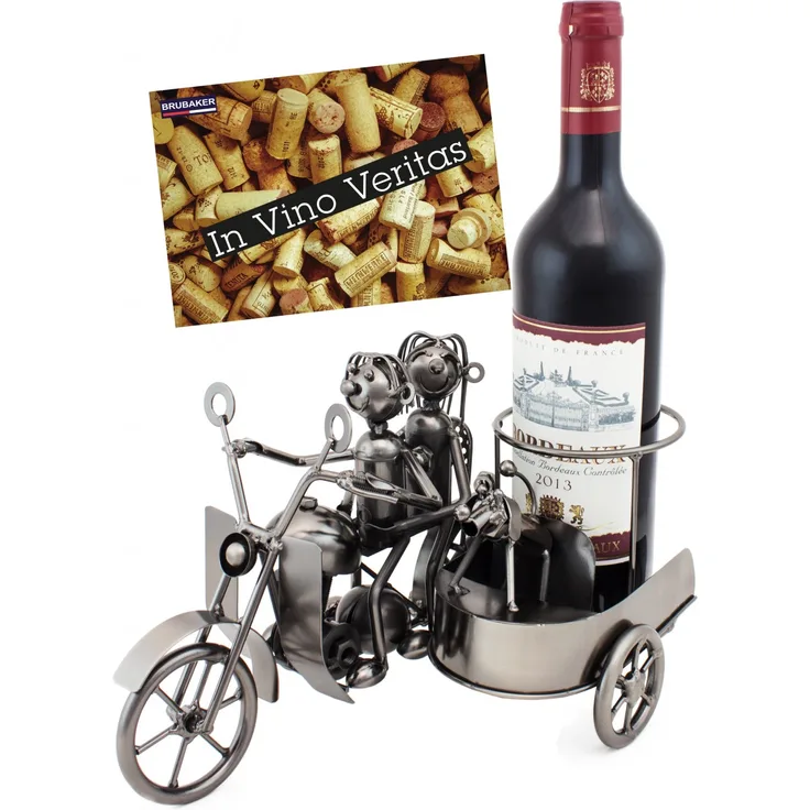 BRUBAKER Flaschenhalter Motorrad Paar mit Beiwagen und Hund - Metall Skulptur...