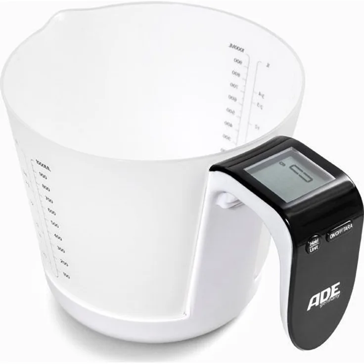 ADE Digitale Messbecherwaage KE 919 Franca. Elektronische Küchenwaage mit abnehmbarem Messbecher zum Wiegen und Messen. Mit Zuwiegefunktion (Tara). Inkl. Batterie. Weiß - Schwarz