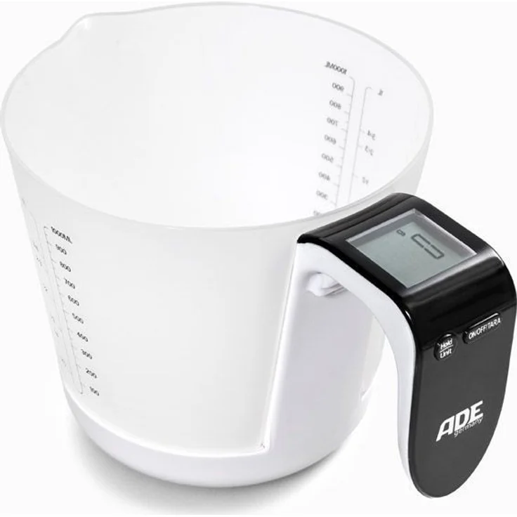 ADE Digitale Messbecherwaage KE 919 Franca. Elektronische Küchenwaage mit abnehmbarem Messbecher zum Wiegen und Messen. Mit Zuwiegefunktion (Tara). Inkl. Batterie. Weiß - Schwarz – Bild 1