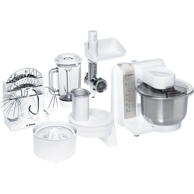 Bosch MUM4880 Küchenmaschine, 600W, 3,9 L Edelstahlschüssel, 4 Geschwindigkeiten, inkl. Patisserie-Set, Fleischwolfaufsatz, Standmixeraufsatz, Zitruspressenaufsatz, weiß, Serie: MUM4  – Bild 1