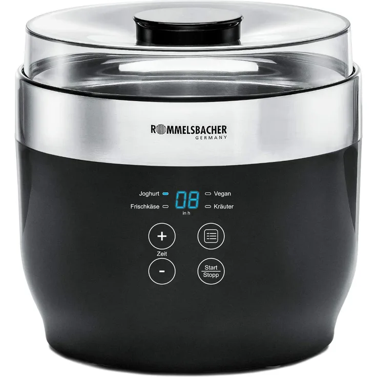 Rommelsbacher JG80 Jona Joghurt- und Frischkäsezubereiter inklusive 4 Keramik Portionsbecher à 125 ml mit Deckel, 2 XXL Glasbehälter à 1,2 Liter mit Deckel, Abtropfsieb mit Deckel, schwarz, edelstahl