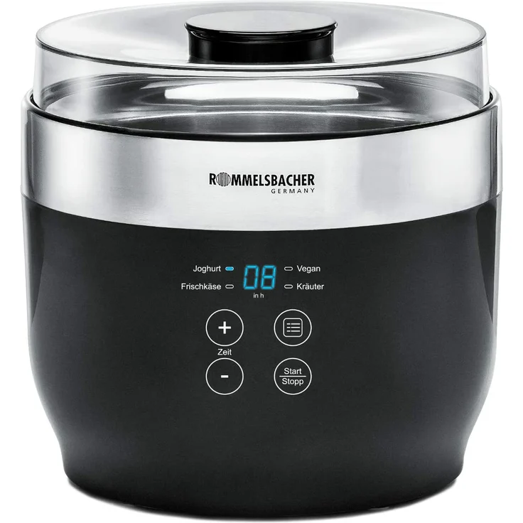 Rommelsbacher JG80 Jona Joghurt- und Frischkäsezubereiter inklusive 4 Keramik Portionsbecher à 125 ml mit Deckel, 2 XXL Glasbehälter à 1,2 Liter mit Deckel, Abtropfsieb mit Deckel, schwarz, edelstahl – Bild 1