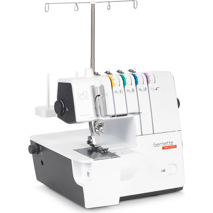 Bernette b42 Funlock Overlock-Nähmaschine 4 Nähprogramme Differentialtransport Einstellbarer Nähfußdruck Fadenschneider Nadeleinfädler Overlock-Nähmaschine, weiß