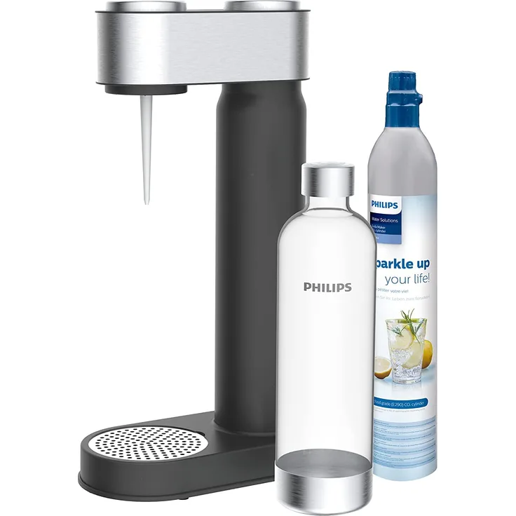 Philips GoZero ADD4902BK Wassersprudler, 1 Liter, inkl. CO2-Zylinder, Kunststoff, Edelstahl, schwarz