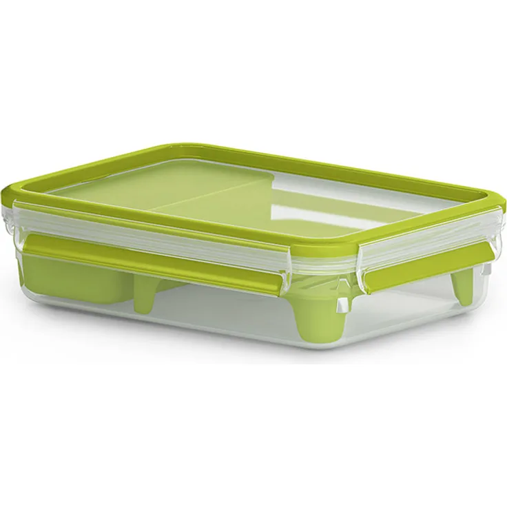 Emsa Lunch- und Snackbox mit 2 praktischen Einsätzen und Deckel, Brunchbox, Volumen: 1,2 Liter, Transparent-Grün, Clip & Go, 518099