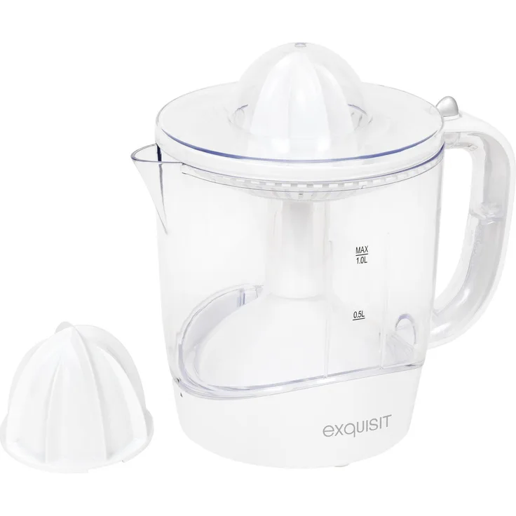 Exquisit Zitruspresse ZP 3001 Wet | Saftpresse mit 2 unterschiedlichen Presskegeln | Links-und Rechtsrotation des Presskegels | spülmaschinenfest | 30 Watt | 1,0 Liter | Weiß