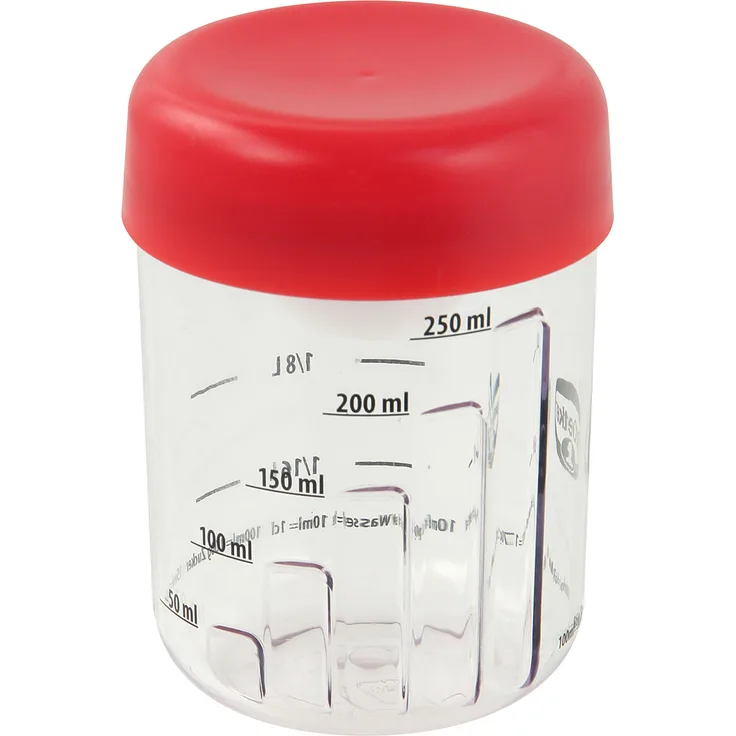 Dr. Oetker Mix- und Messbecher mit Eitrenner Ø 8 cm, 3-tlg. Becher zum Messen und Mixen von Zutaten, Funktionsteil zum Trennen von Eigelb und -weiß, (Farbe: transparent-rot), Menge: 1 Stück
