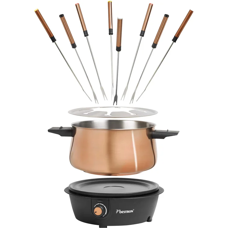 Bestron Fondue Set für bis zu 8 Personen, Stufenloser Temperaturschalter, Spritzschutz, Kupfer – Bild 3